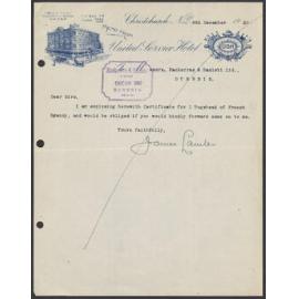 United Service Hotel letterhead