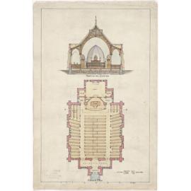East Taieri Presbyterian Church, plan for church building, section and ground floor 