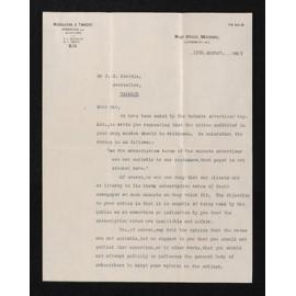 Letter, 15 August 1923, from Middleton & Tweedy, barristers and solicitors, to Herries Beattie