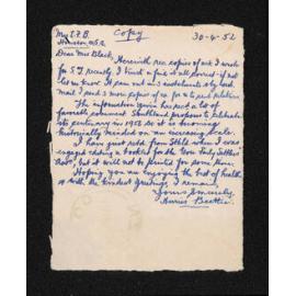 Copy of letter, 30 April 1952, from Herries Beattie, to Florence Black