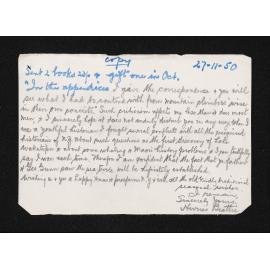Copy of letter, 27 November 1950, from Herries Beattie, to Florence Black
