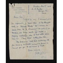 Letter, 17 May 1909, from the Editor of the Otago Witness, to Herries Beattie