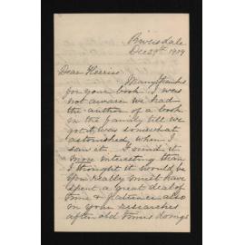 Letter, 29 December 1909, from Eliza Jane Craig, to Herries Beattie