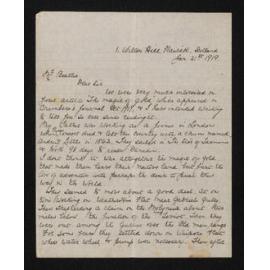Letter, 21 January 1919, from Lizzie Eckford, to Herries Beattie, regarding her father's experiences as a gold digger in Otago in the 1860s