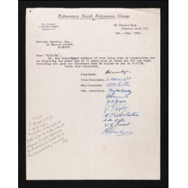 Letter, 9 June 1958, from J. Brydon Speedy and the Palmerston North Polynesian Group, to Herries Beattie