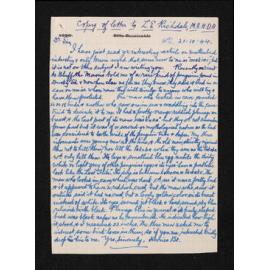 Copy of letter, 21 October 1944, from Herries Beattie, to L.E. Richdale