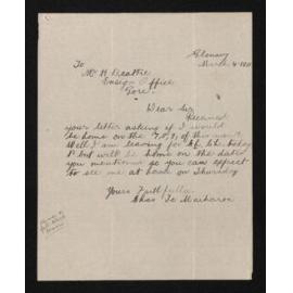 Letter, 4 March 1918, from C. Te Maiharoa, to Herries Beattie