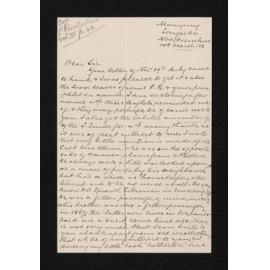 Letter, 10 March 1913, from A.H. Duncan, to Herries Beattie
