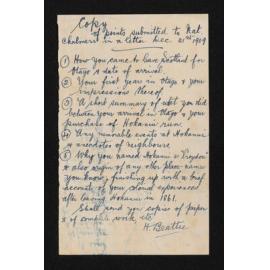 Copy of points submitted to Nat. Chalmers in a letter Dec 21st 1909' by Herries Beattie