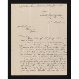Letter, 27 March 1911, from Alfred Reynolds, to Herries Beattie