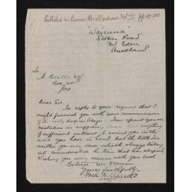 Letter, n.d., from Fred. B. Clapcott, to Herries Beattie