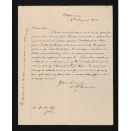 Letter, 9 August 1910, from D.A. Cameron, to Herries Beattie