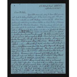Letter, 23 September 1943, from Wiremu Teira, to Waitaha [Herries Beattie]