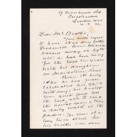 Letter, 4 August 1922, from A.F. Mieville, to Herries Beattie