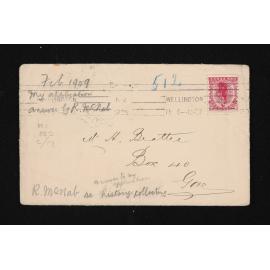 Annotated envelope fragment, 1909, Herries Beattie