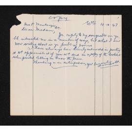 Letter [copy], 10 October 1947, from Herries Beattie, to Mrs P. [Alice] Mackenzie