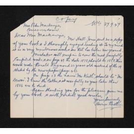 Letter [copy], 27 September 1947, from Herries Beattie, to Mrs Peter [Alice] Mackenzie