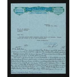 Letter, 17 October 1941, from Otago Daily Times & Witness, to Herries Beattie, includes letter, 24 October 1941 from Herries Beattie, to F.G. Hall Jones