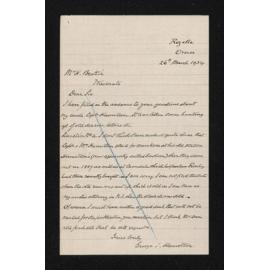 Letter, 26 March 1934, from George Hamilton, to Herries Beattie, enclosing information regarding Captain and Mrs Hamilton