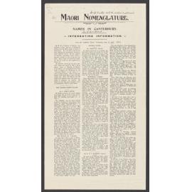 Reprints of articles published in the Lyttelton Times, entitled, 'Maori nomenclature; Names in Canterbury; Interesting information' and 'The Maori language', by W.H.S. Roberts