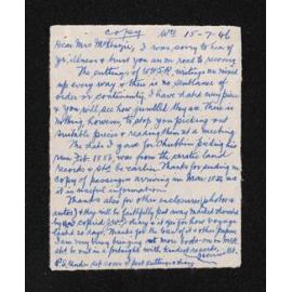 Letter, 10 June 1946, from Louisa McKenzie, to Herries Beattie, and copy of letter of reply, 15 July 1946, from Herries Beattie to Louisa McKenzie