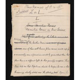 Manuscript entitled 'Place names of O. & S., 50th instalment, L' written by Herries Beattie as a contribution to W.H.S. Roberts', 'Place names and early history of Otago and Southland'