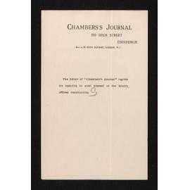 Rejection letter from the editor of Chamber's Journal and annotated envelope fragments