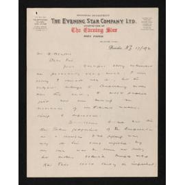 Letter, 17 October 1931, from W.F. Alexander, editor of the Evening Star, to Herries Beattie