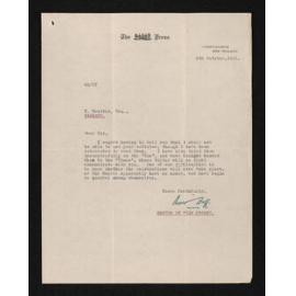 Letter, 8 October 1931, from Oliver Duff, editor of The Press, to Herries Beattie