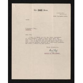 Letter, 24 September 1931, from Oliver Duff, editor of The Press, to Herries Beattie
