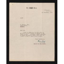 Letter, 1 September 1931, from Oliver Duff, editor of The Press, to Herries Beattie