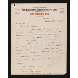 Letter, 20 March 1933, from W.F. Alexander, editor of the Evening Star, to Herries Beattie