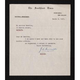 Letter, 8 March 1957, from J.L. Grimaldi, editor of the Southland Times, to Herries Beattie