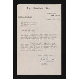 Letter, 29 August 1955, from J.L. Grimaldi, editor of the Southland Times, to Herries Beattie