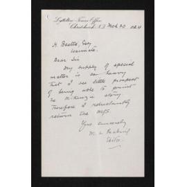 Letter, 20 March 1924, from M.L. Reading, editor of the Lyttelton Times, to Herries Beattie, regarding manuscript of 'Mackenzie of the Mackenzie Country', and manuscript