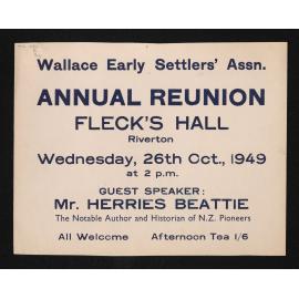 Poster for Wallace Early Settlers annual reunion, 26 October 1949, with guest speaker Herries Beattie