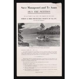 Flyer entitled 'Save Manapouri and Te Anau'