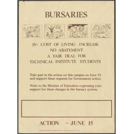 "Bursaries 15% Cost of Living Increase No Abatement A Fair Deal for Technical Institute Students"