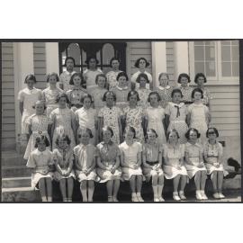 Girls of Dunedin North Intermediate School wearing summer frocks made by themselves