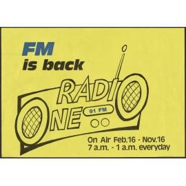 "FM is back Radio One 91 FM"