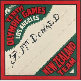 Jack Macdonald's luggage label, Tenth Olympic Games, Los Angeles, New Zealand Team