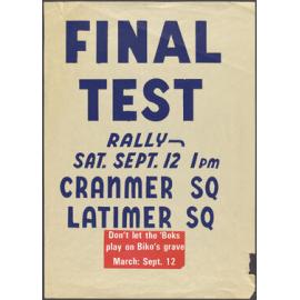 "Final Test Rally - Sat. Sept. 12 1PM Cranmer Sq Latimer Sq"