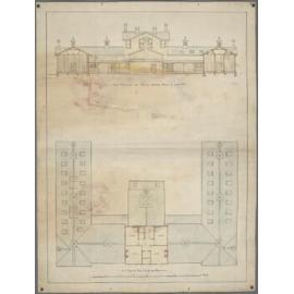 Back elevation, section, first floor and roof plan for temporary asylum, Seacliff