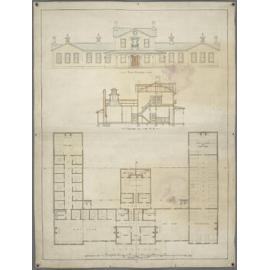 Front elevation, section, and ground plan for temporary asylum, Seacliff