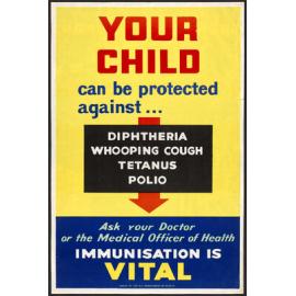 "Your Child can be protected against ... Whooping Cough Diphtheria Measles Tatanus Rubella Polio"