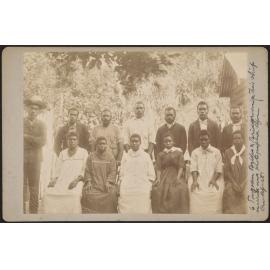 Six Tongoan brides and bridegrooms and their chief