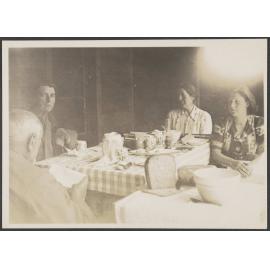 'Grandfather, Auntie Kate, Mother and I, lunch on the verandah in Queenstown at Xmas'