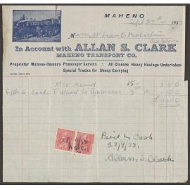 Allan S. Clark (Maheno Transport) billhead