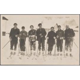  'L to R. Edward Haslet, John Rennick, Lel, Guide, Hilda, Rolf, Esmond. St Avlon Christmas 1928'