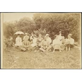 'Karitane 1911-12. W.F, Grandmother, ? Todd, Kate Fels, Mother, Roland Todd, Bendix de Beer, Emily Fels, Dora de Beer,  Mary de Beer, H. B.'